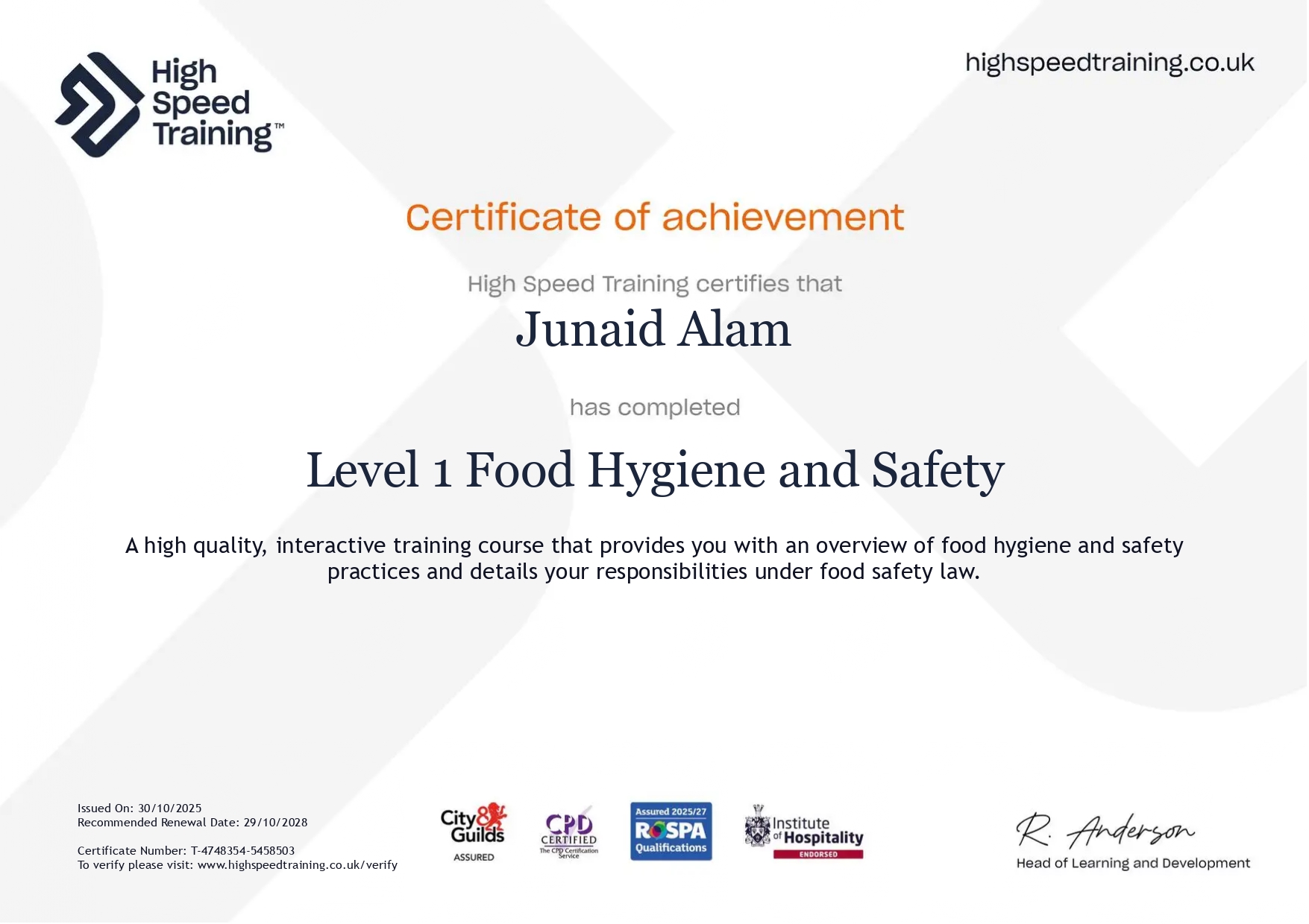 Level 1 Food hygiene